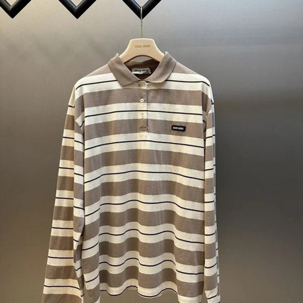 Miu Miu Beige and White Striped Polo Shirt
